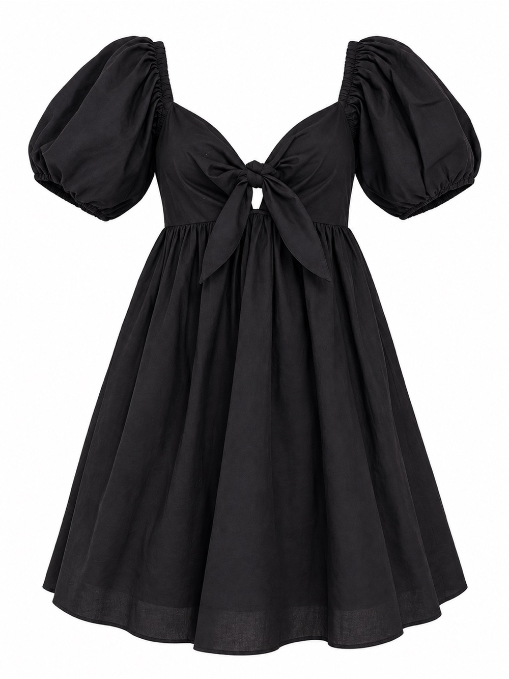 wild fable Black Puff-Sleeve Tie-Front Mini Dress